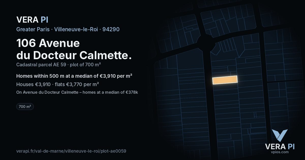 106 Avenue du Docteur Calmette, Villeneuve-le-Roi at night – the plot lit, the parcels around coloured by the prices near them