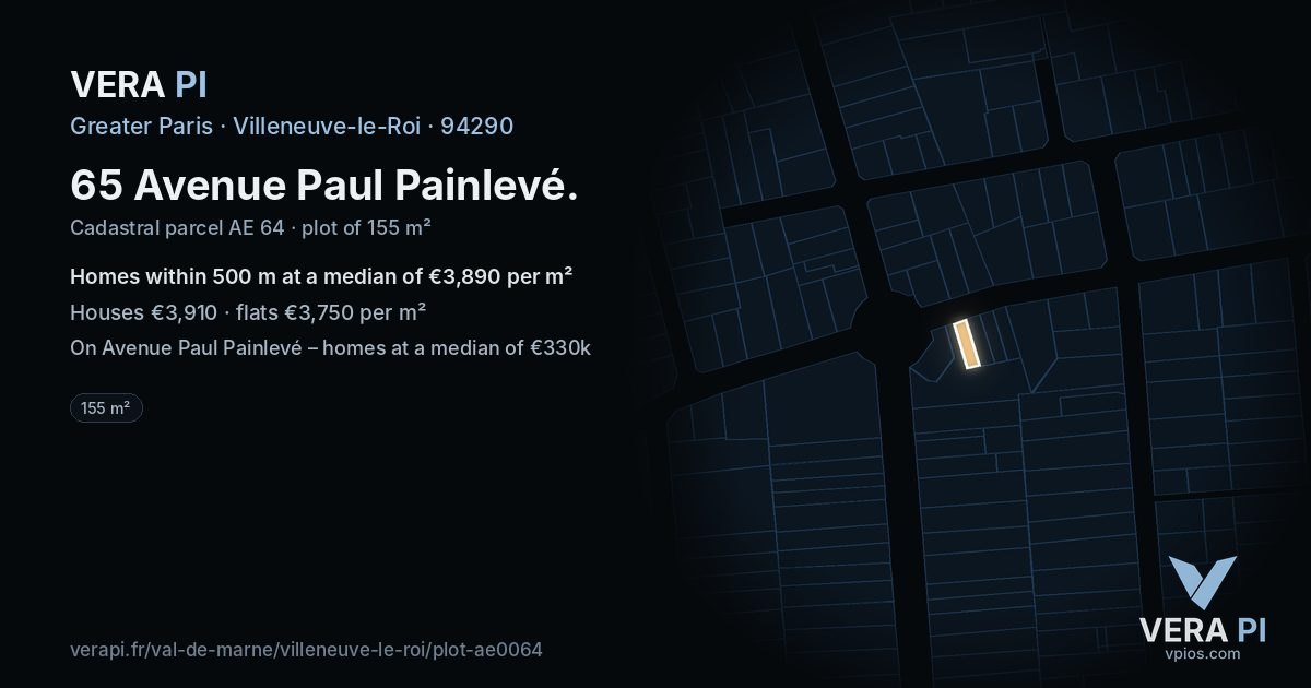 65 Avenue Paul Painlevé, Villeneuve-le-Roi at night – the plot lit, the parcels around coloured by the prices near them