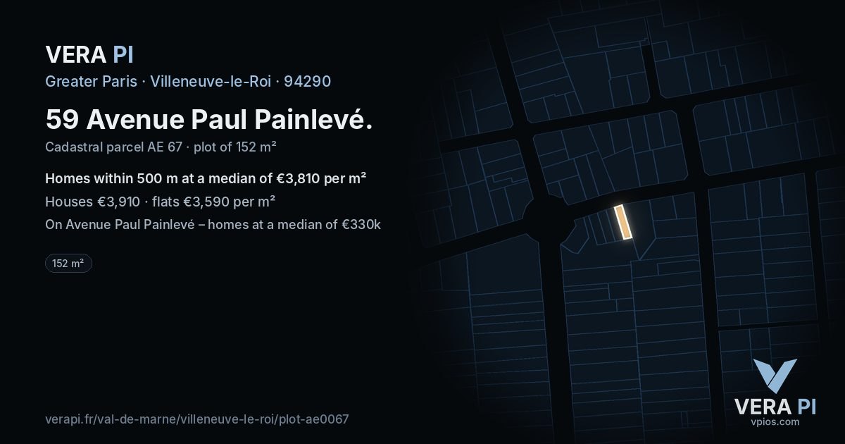 59 Avenue Paul Painlevé, Villeneuve-le-Roi at night – the plot lit, the parcels around coloured by the prices near them