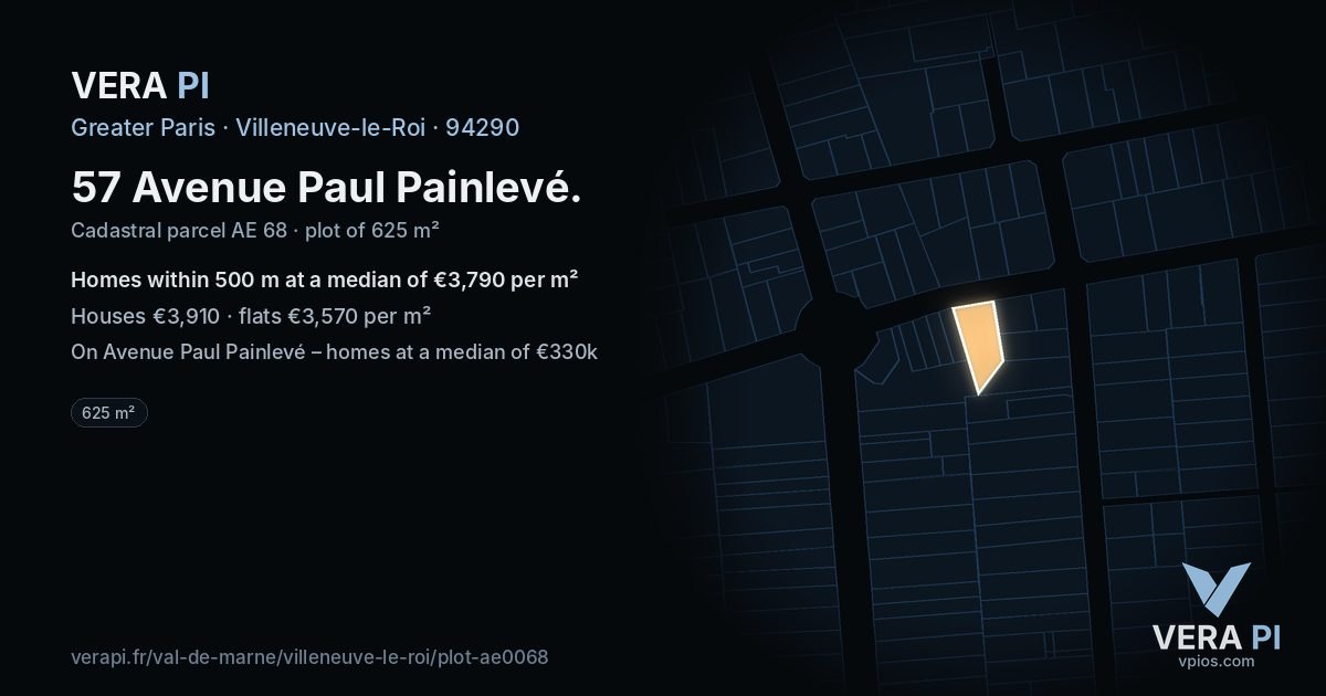 57 Avenue Paul Painlevé, Villeneuve-le-Roi at night – the plot lit, the parcels around coloured by the prices near them