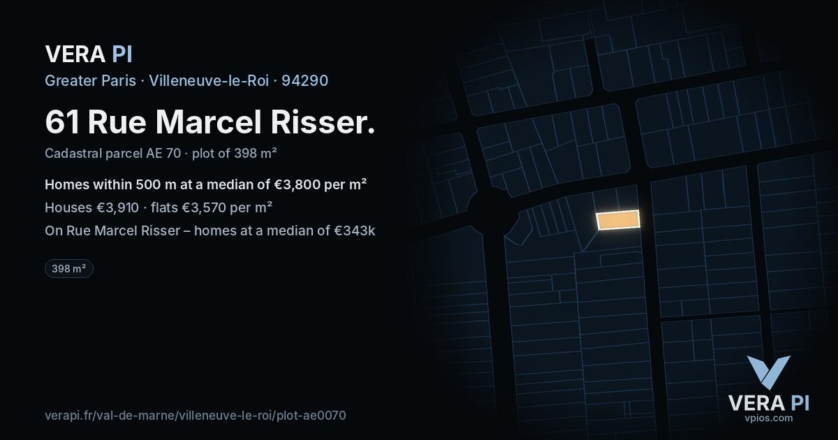 61 Rue Marcel Risser, Villeneuve-le-Roi at night – the plot lit, the parcels around coloured by the prices near them