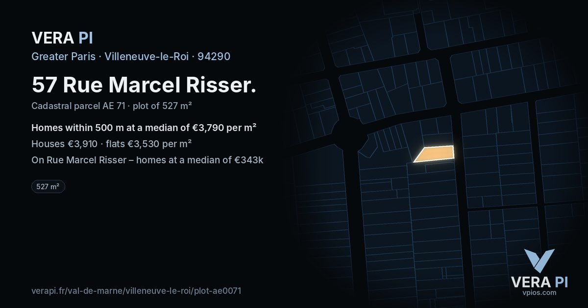 57 Rue Marcel Risser, Villeneuve-le-Roi at night – the plot lit, the parcels around coloured by the prices near them