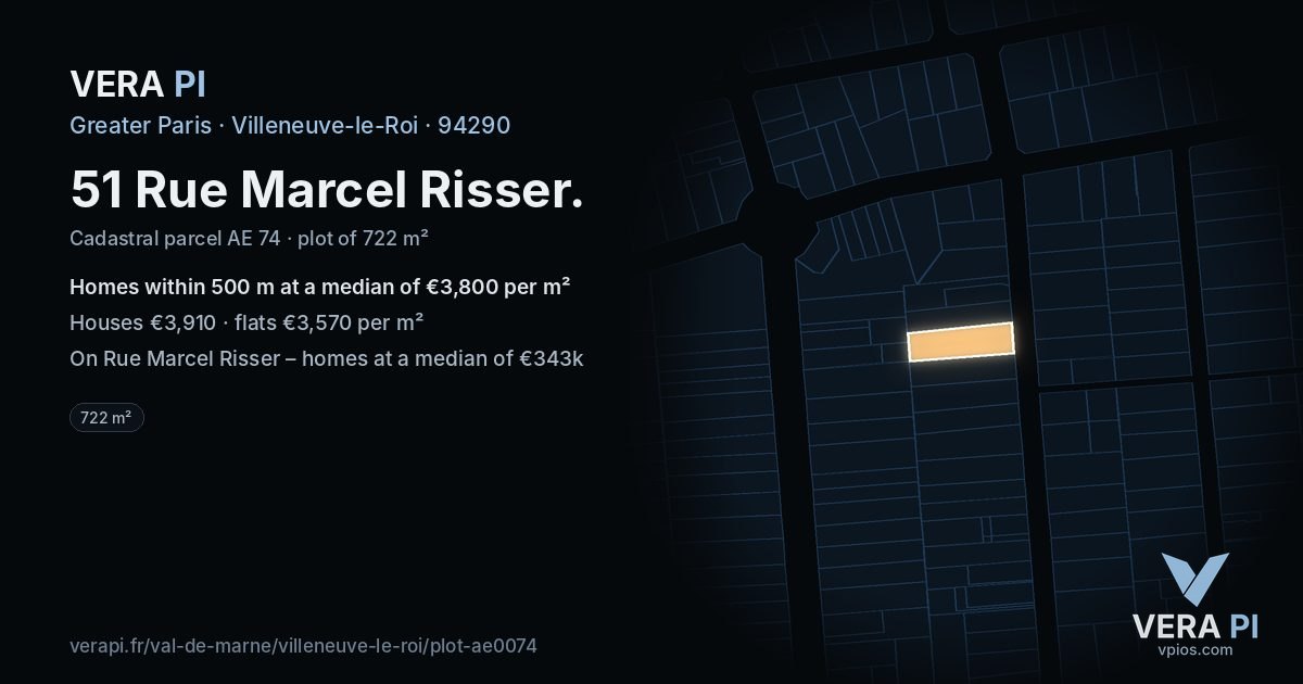 51 Rue Marcel Risser, Villeneuve-le-Roi at night – the plot lit, the parcels around coloured by the prices near them