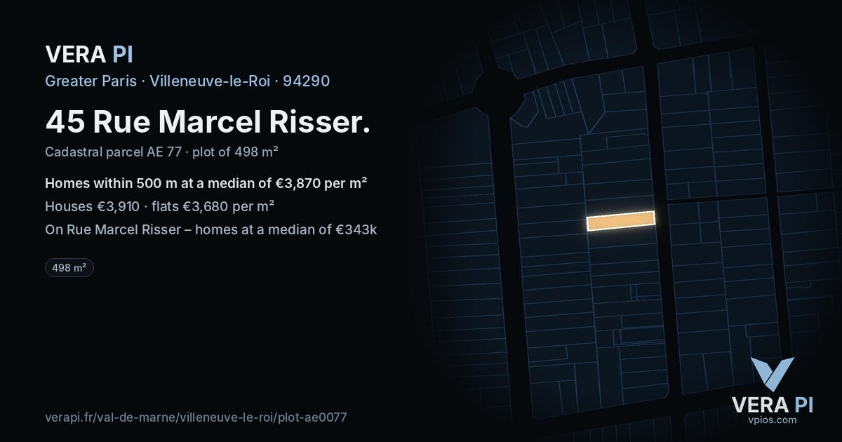 45 Rue Marcel Risser, Villeneuve-le-Roi at night – the plot lit, the parcels around coloured by the prices near them
