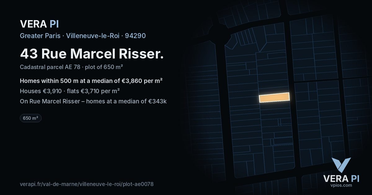 43 Rue Marcel Risser, Villeneuve-le-Roi at night – the plot lit, the parcels around coloured by the prices near them