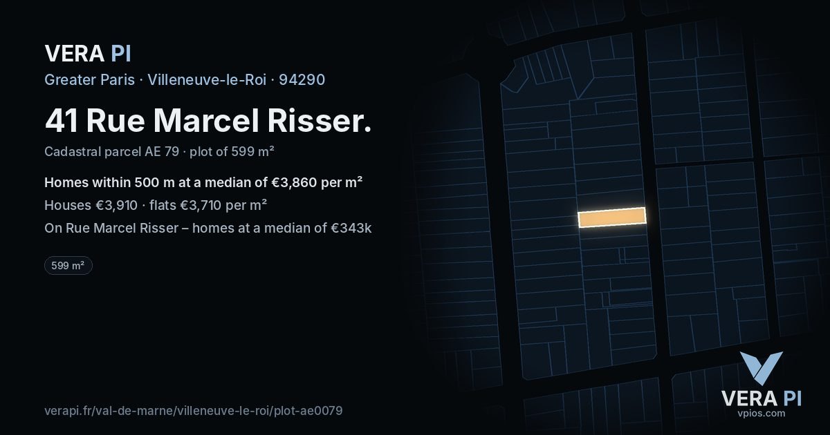41 Rue Marcel Risser, Villeneuve-le-Roi at night – the plot lit, the parcels around coloured by the prices near them