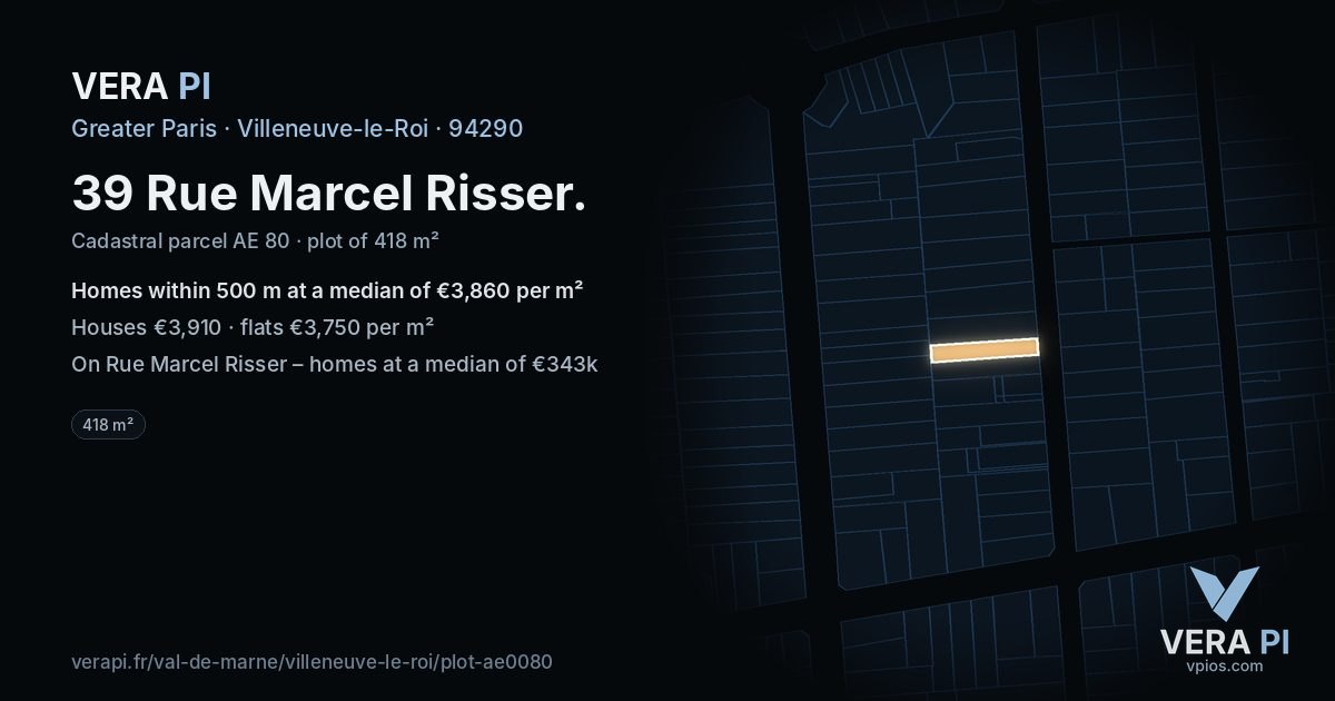 39 Rue Marcel Risser, Villeneuve-le-Roi at night – the plot lit, the parcels around coloured by the prices near them