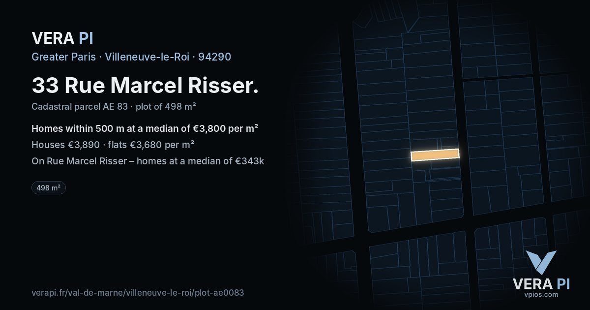 33 Rue Marcel Risser, Villeneuve-le-Roi at night – the plot lit, the parcels around coloured by the prices near them
