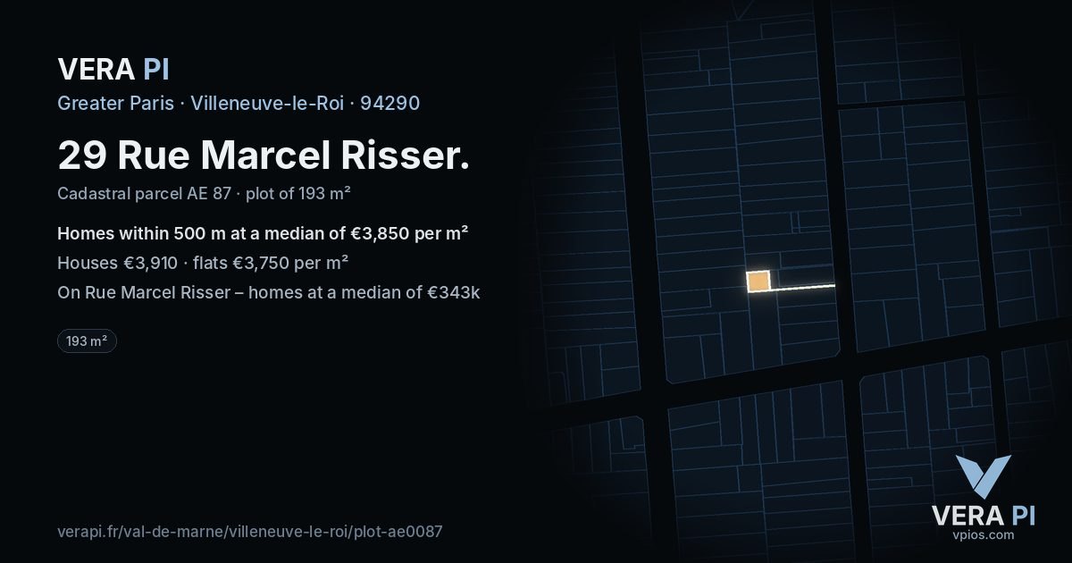 29 Rue Marcel Risser, Villeneuve-le-Roi at night – the plot lit, the parcels around coloured by the prices near them