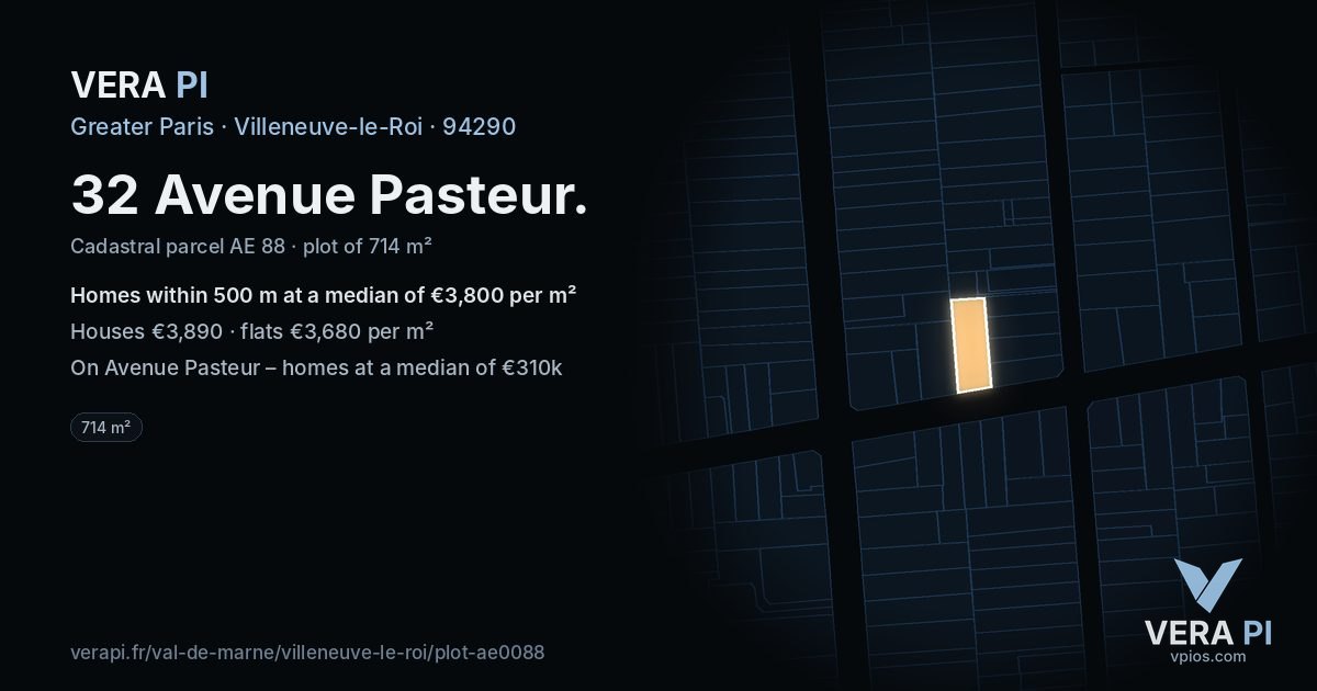 32 Avenue Pasteur, Villeneuve-le-Roi at night – the plot lit, the parcels around coloured by the prices near them