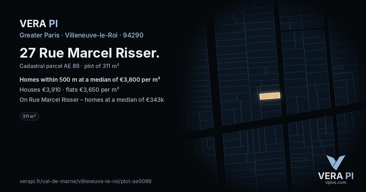 27 Rue Marcel Risser, Villeneuve-le-Roi at night – the plot lit, the parcels around coloured by the prices near them