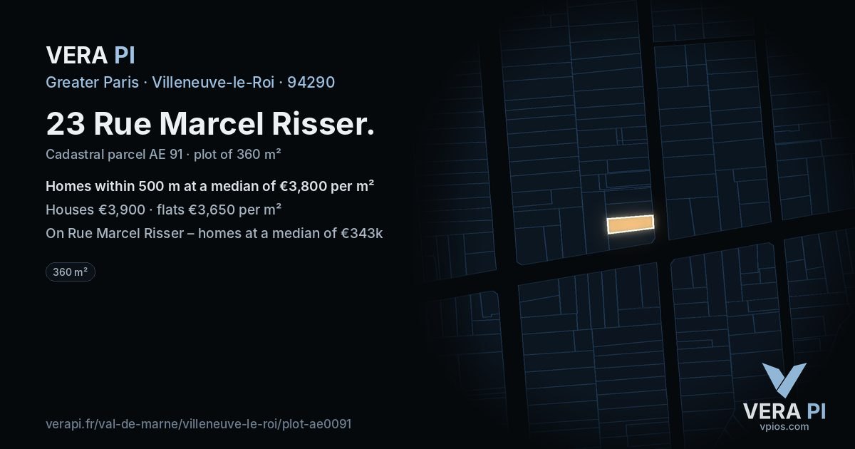 23 Rue Marcel Risser, Villeneuve-le-Roi at night – the plot lit, the parcels around coloured by the prices near them