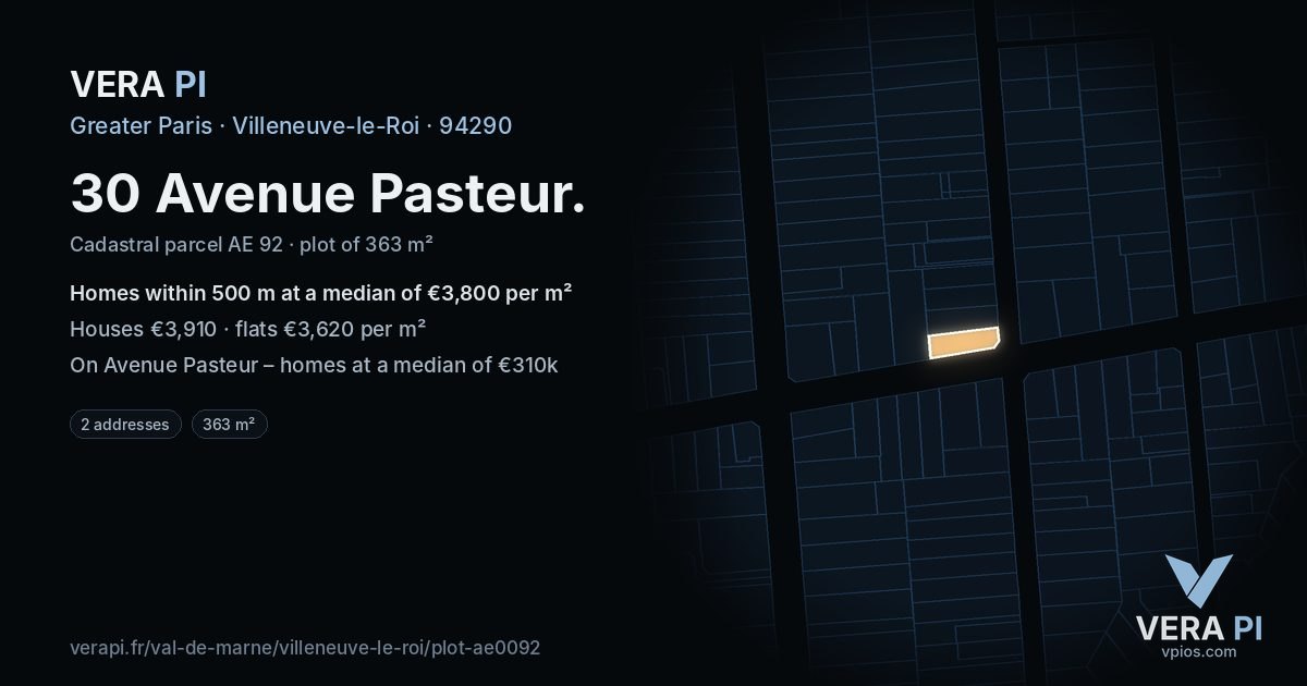 30 Avenue Pasteur, Villeneuve-le-Roi at night – the plot lit, the parcels around coloured by the prices near them