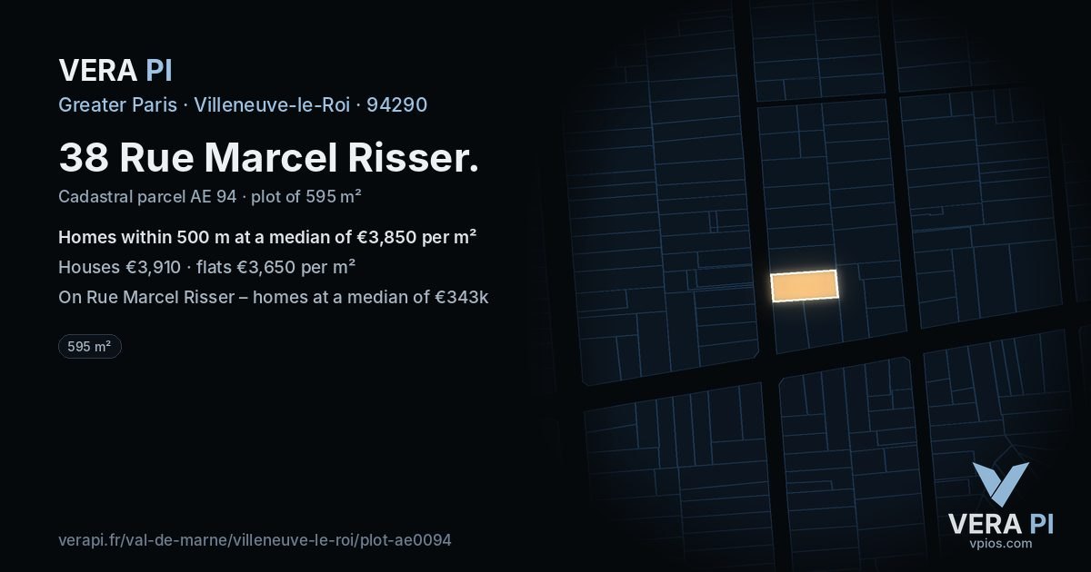 38 Rue Marcel Risser, Villeneuve-le-Roi at night – the plot lit, the parcels around coloured by the prices near them