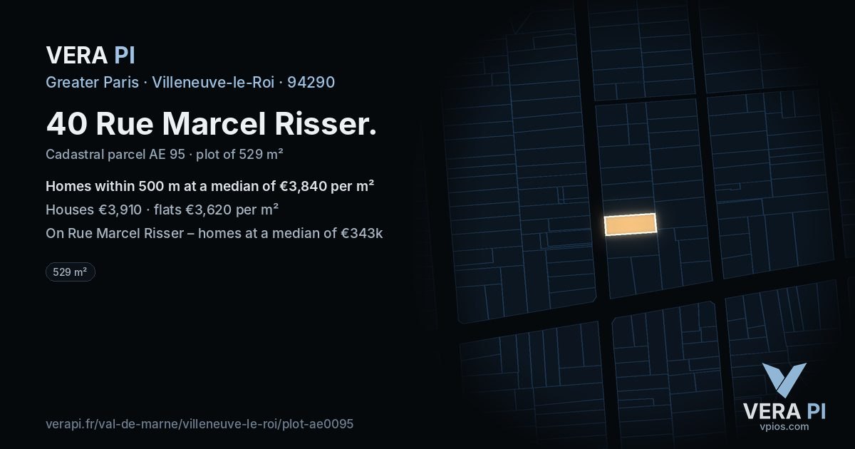40 Rue Marcel Risser, Villeneuve-le-Roi at night – the plot lit, the parcels around coloured by the prices near them