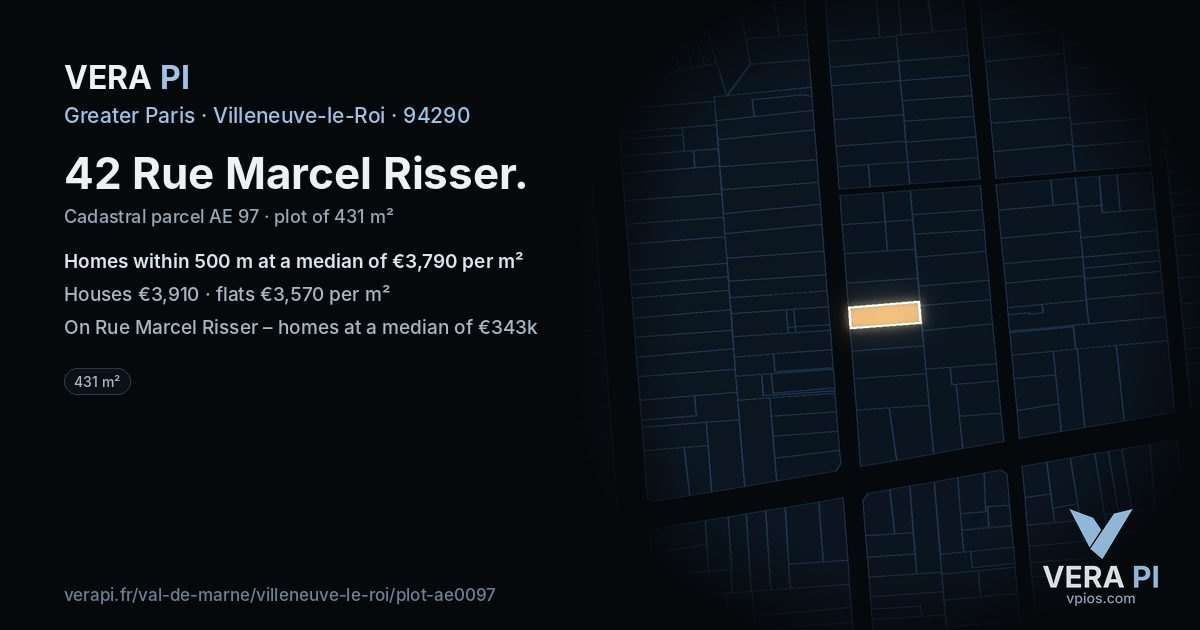 42 Rue Marcel Risser, Villeneuve-le-Roi at night – the plot lit, the parcels around coloured by the prices near them