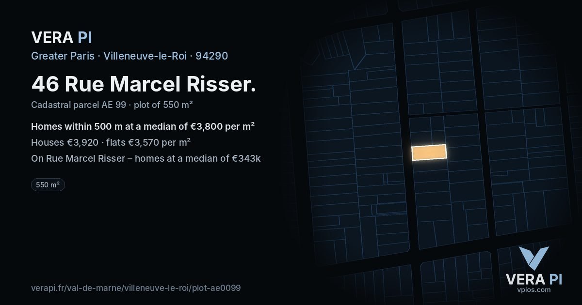 46 Rue Marcel Risser, Villeneuve-le-Roi at night – the plot lit, the parcels around coloured by the prices near them