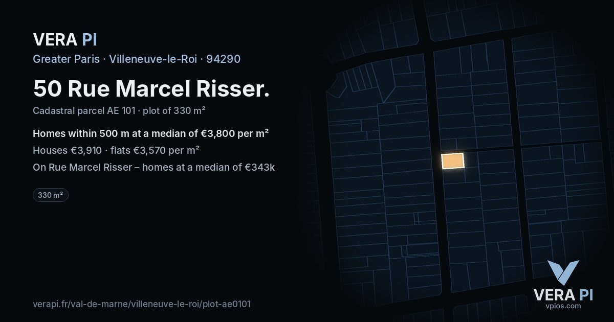 50 Rue Marcel Risser, Villeneuve-le-Roi at night – the plot lit, the parcels around coloured by the prices near them