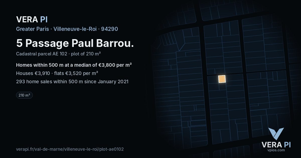 5 Passage Paul Barrou, Villeneuve-le-Roi at night – the plot lit, the parcels around coloured by the prices near them