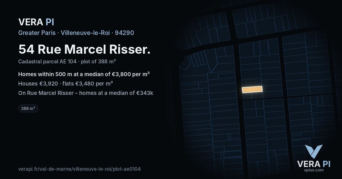 54 Rue Marcel Risser, Villeneuve-le-Roi at night – the plot lit, the parcels around coloured by the prices near them