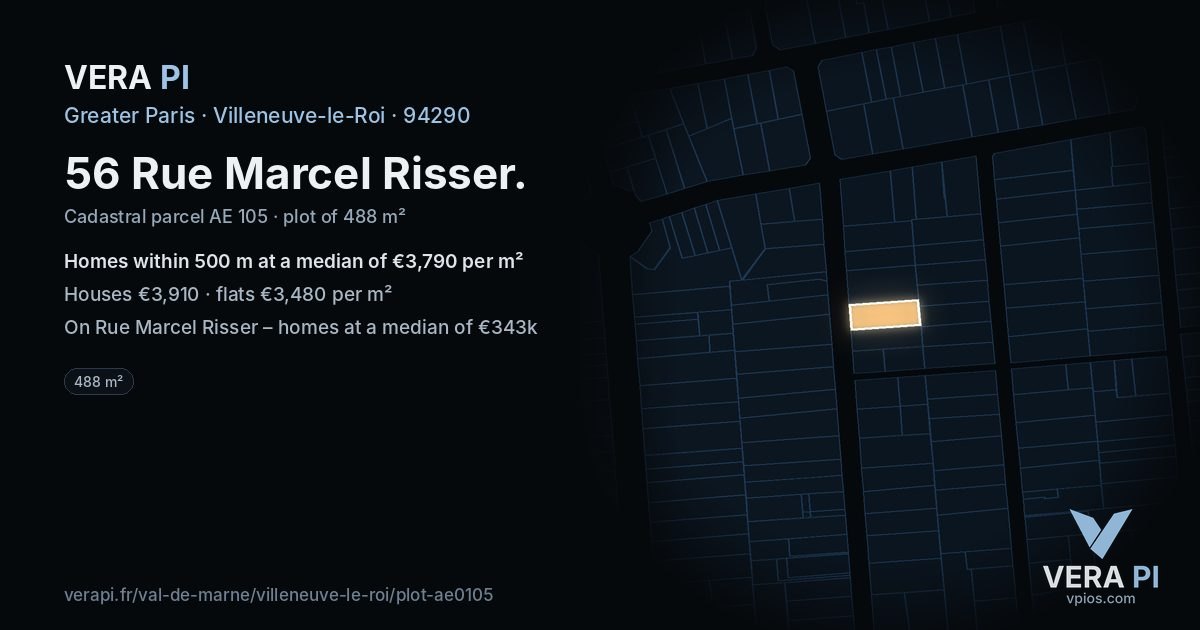 56 Rue Marcel Risser, Villeneuve-le-Roi at night – the plot lit, the parcels around coloured by the prices near them