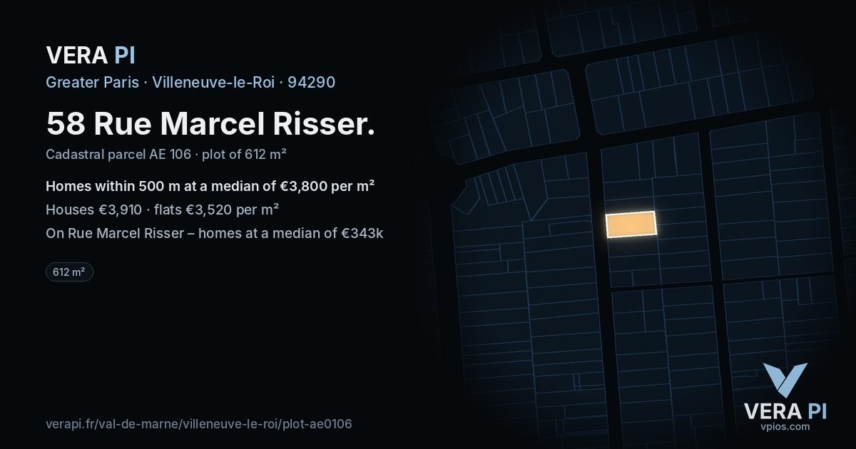 58 Rue Marcel Risser, Villeneuve-le-Roi at night – the plot lit, the parcels around coloured by the prices near them