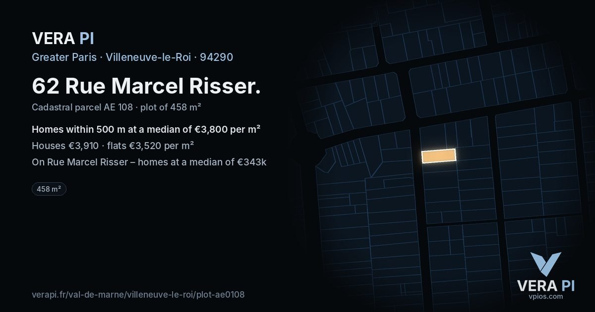 62 Rue Marcel Risser, Villeneuve-le-Roi at night – the plot lit, the parcels around coloured by the prices near them
