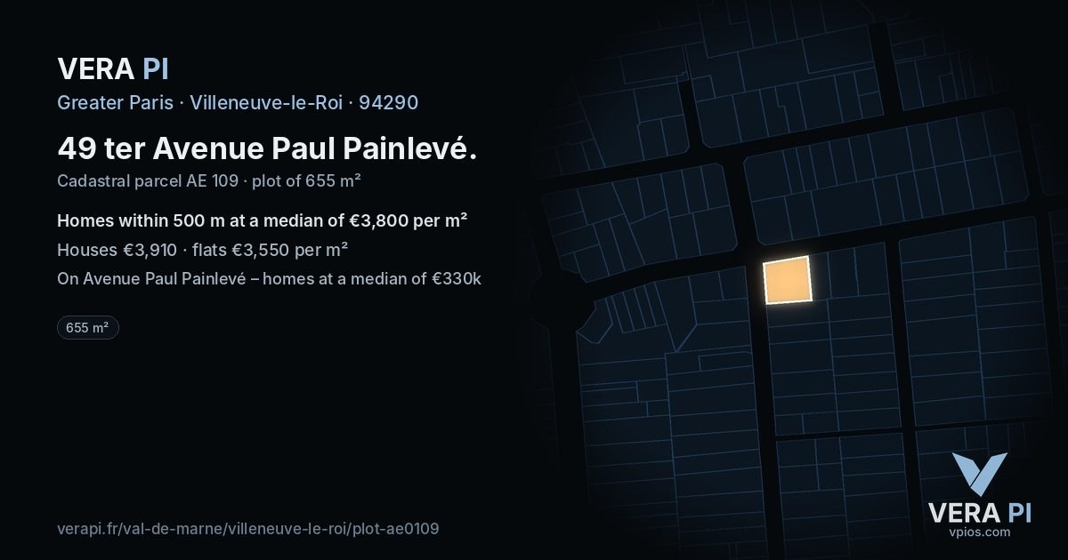 49 ter Avenue Paul Painlevé, Villeneuve-le-Roi at night – the plot lit, the parcels around coloured by the prices near them