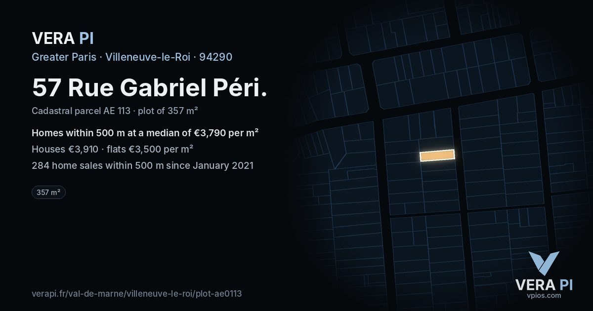 57 Rue Gabriel Péri, Villeneuve-le-Roi at night – the plot lit, the parcels around coloured by the prices near them