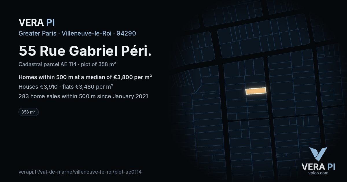 55 Rue Gabriel Péri, Villeneuve-le-Roi at night – the plot lit, the parcels around coloured by the prices near them