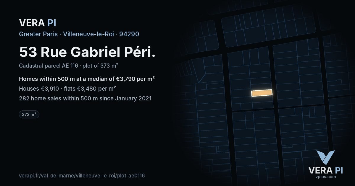 53 Rue Gabriel Péri, Villeneuve-le-Roi at night – the plot lit, the parcels around coloured by the prices near them