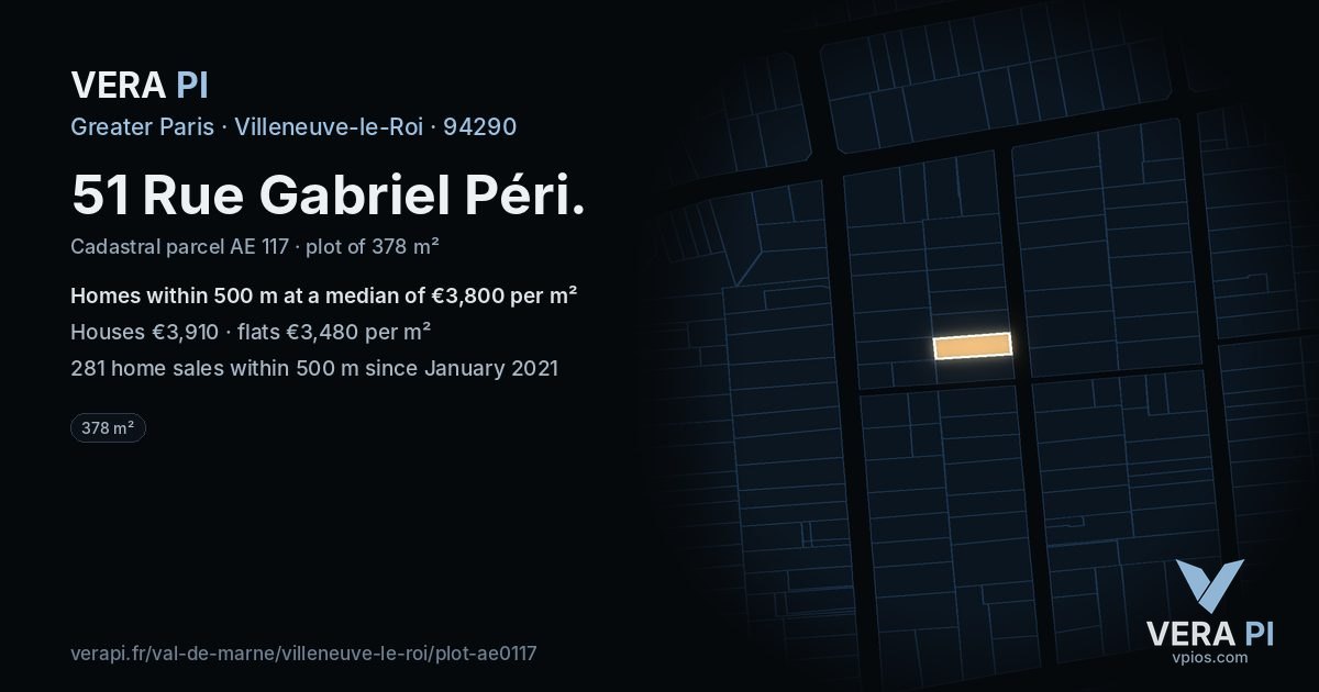 51 Rue Gabriel Péri, Villeneuve-le-Roi at night – the plot lit, the parcels around coloured by the prices near them