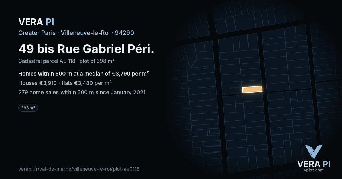 49 bis Rue Gabriel Péri, Villeneuve-le-Roi at night – the plot lit, the parcels around coloured by the prices near them