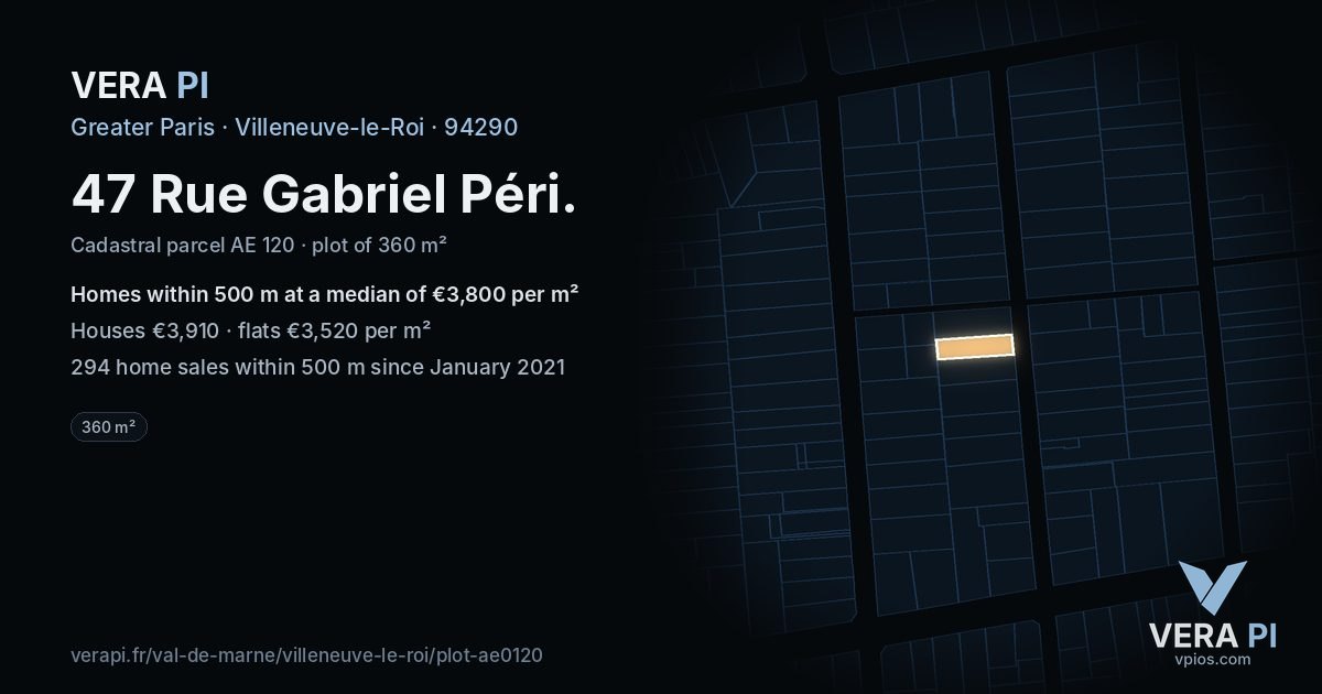 47 Rue Gabriel Péri, Villeneuve-le-Roi at night – the plot lit, the parcels around coloured by the prices near them