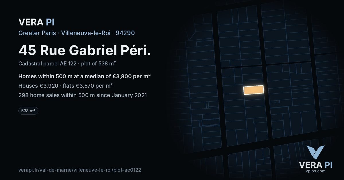 45 Rue Gabriel Péri, Villeneuve-le-Roi at night – the plot lit, the parcels around coloured by the prices near them