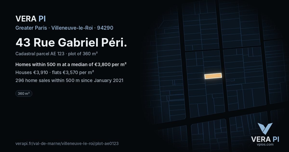 43 Rue Gabriel Péri, Villeneuve-le-Roi at night – the plot lit, the parcels around coloured by the prices near them