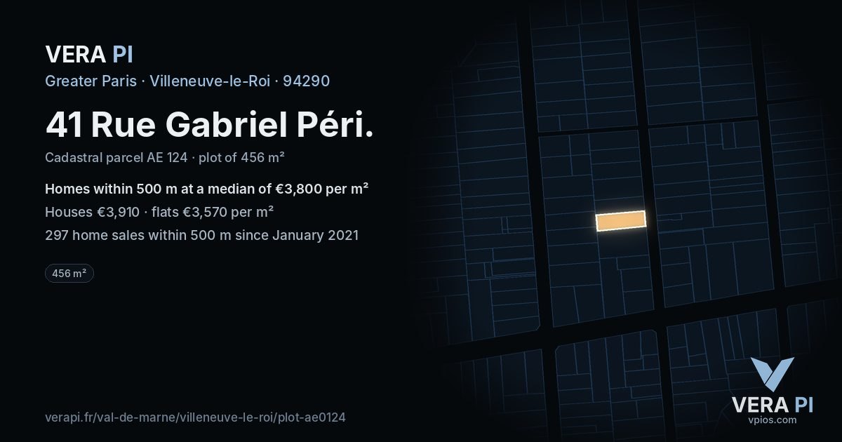 41 Rue Gabriel Péri, Villeneuve-le-Roi at night – the plot lit, the parcels around coloured by the prices near them