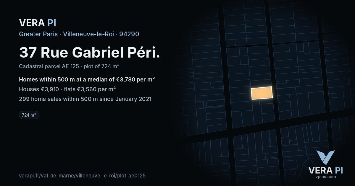 37 Rue Gabriel Péri, Villeneuve-le-Roi at night – the plot lit, the parcels around coloured by the prices near them