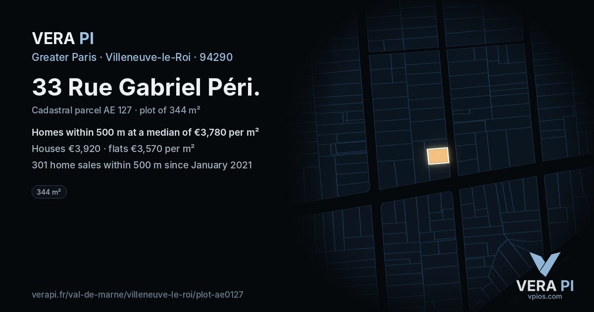 33 Rue Gabriel Péri, Villeneuve-le-Roi at night – the plot lit, the parcels around coloured by the prices near them
