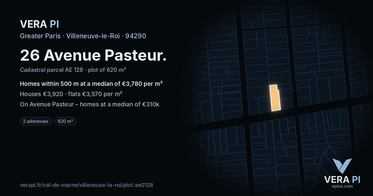 26 Avenue Pasteur, Villeneuve-le-Roi at night – the plot lit, the parcels around coloured by the prices near them