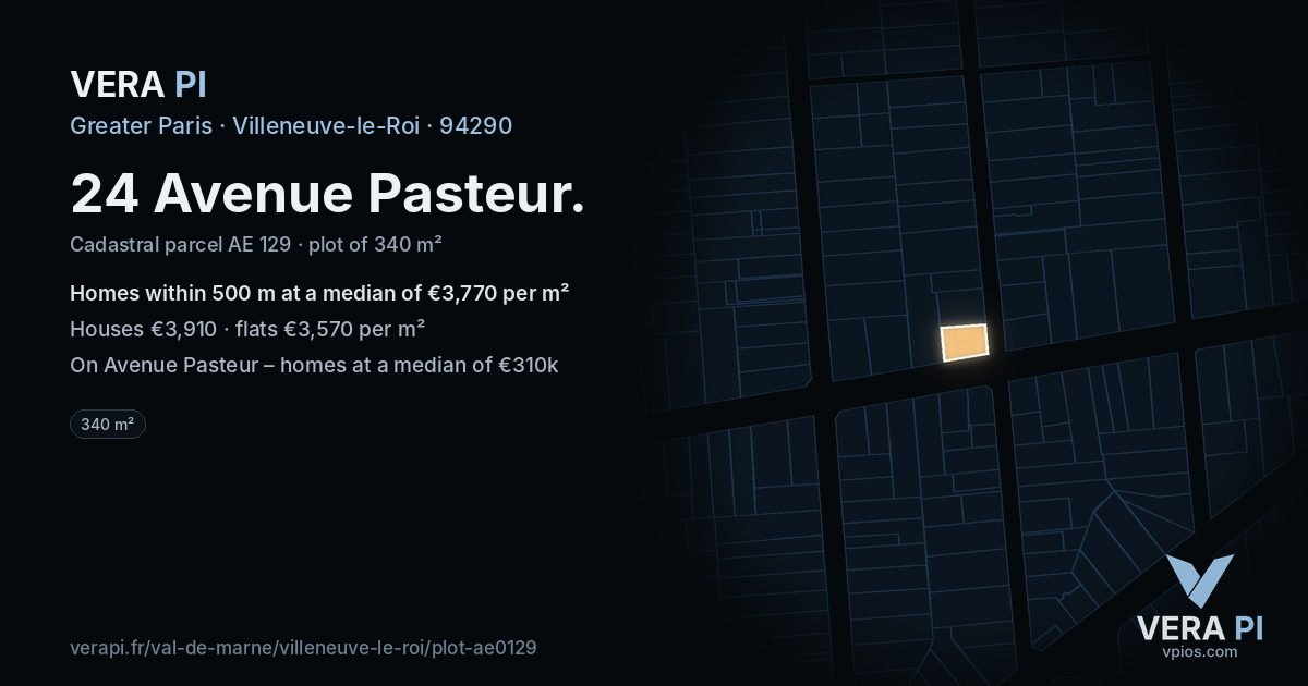 24 Avenue Pasteur, Villeneuve-le-Roi at night – the plot lit, the parcels around coloured by the prices near them