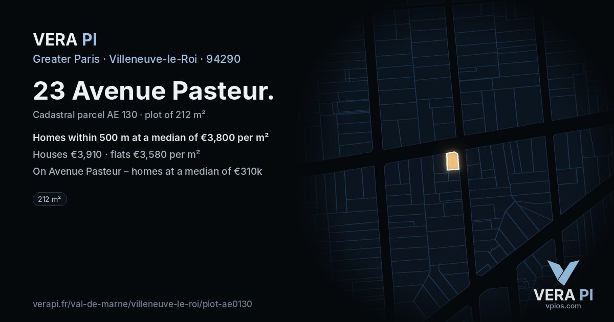 23 Avenue Pasteur, Villeneuve-le-Roi at night – the plot lit, the parcels around coloured by the prices near them