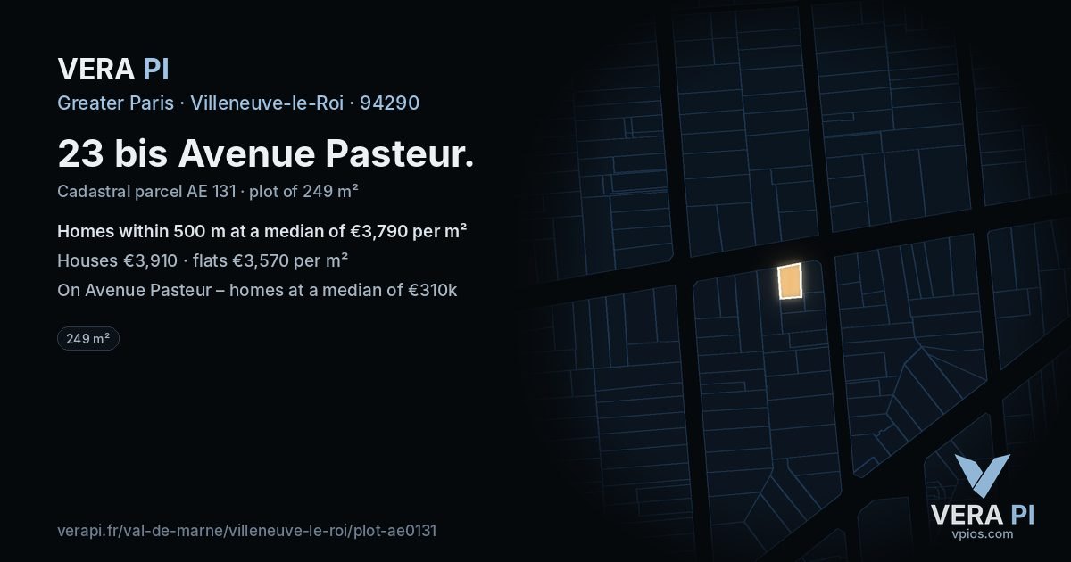 23 bis Avenue Pasteur, Villeneuve-le-Roi at night – the plot lit, the parcels around coloured by the prices near them