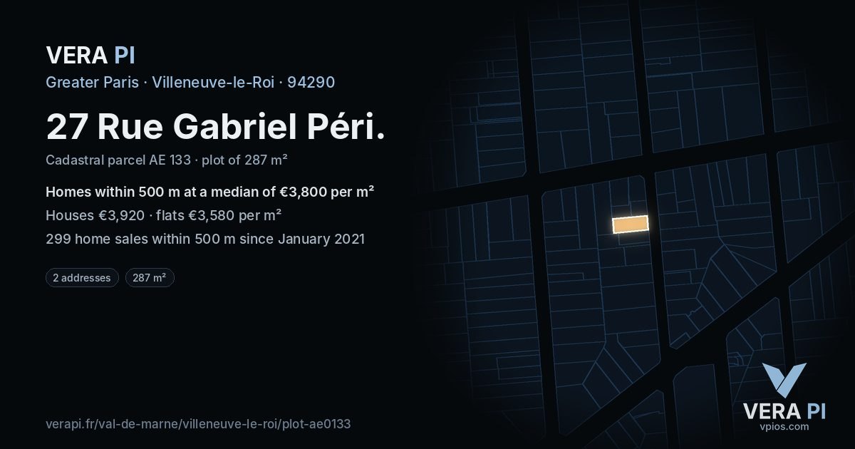 27 Rue Gabriel Péri, Villeneuve-le-Roi at night – the plot lit, the parcels around coloured by the prices near them