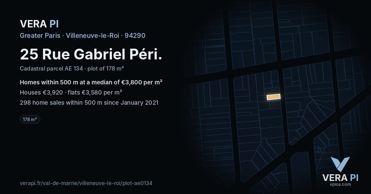 25 Rue Gabriel Péri, Villeneuve-le-Roi at night – the plot lit, the parcels around coloured by the prices near them
