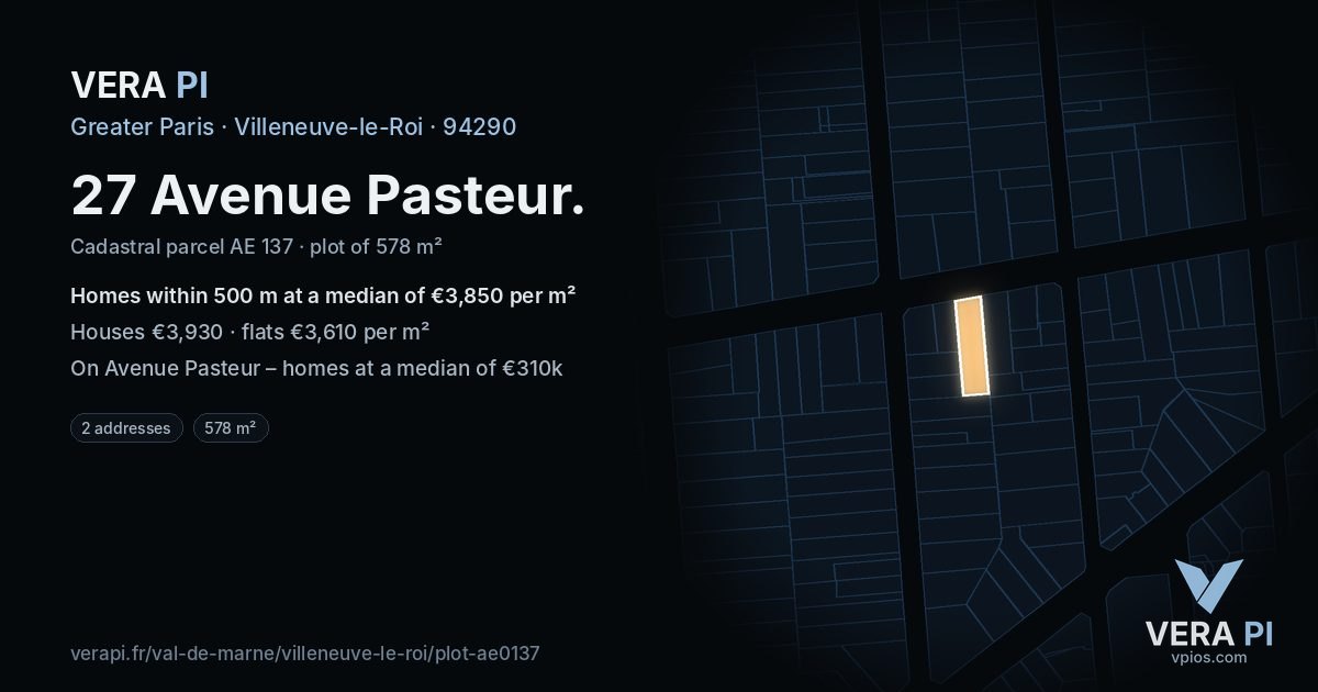 27 Avenue Pasteur, Villeneuve-le-Roi at night – the plot lit, the parcels around coloured by the prices near them