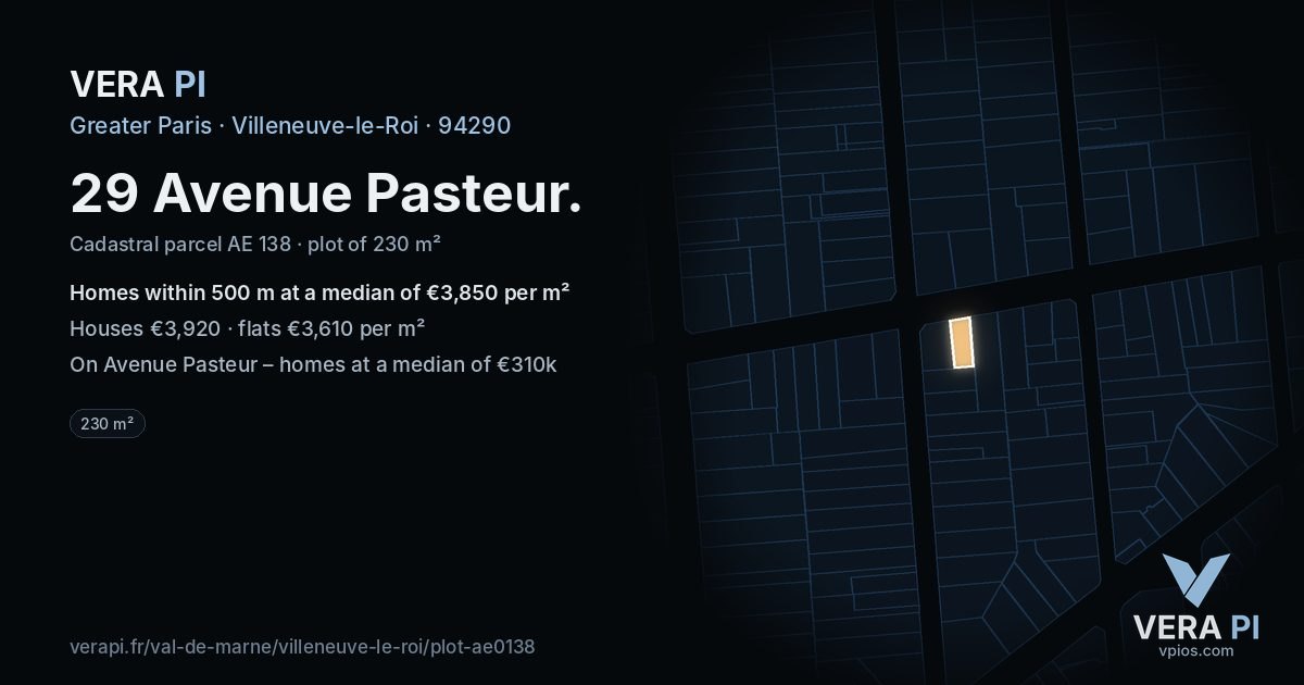 29 Avenue Pasteur, Villeneuve-le-Roi at night – the plot lit, the parcels around coloured by the prices near them