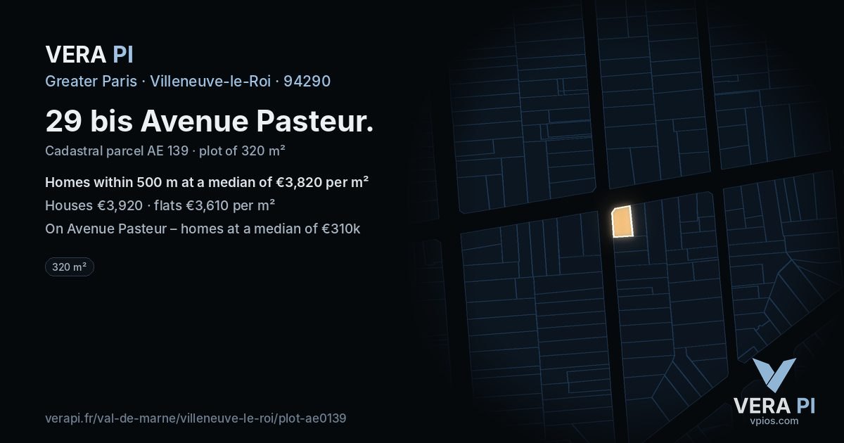 29 bis Avenue Pasteur, Villeneuve-le-Roi at night – the plot lit, the parcels around coloured by the prices near them