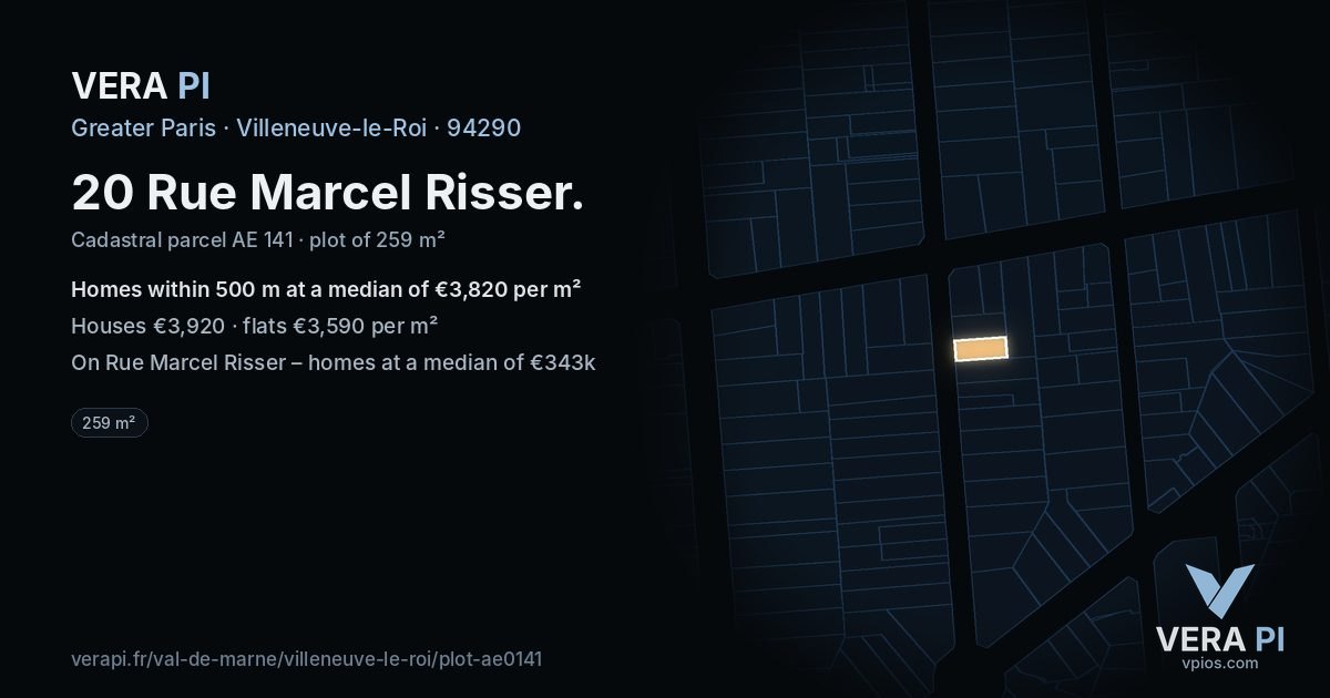 20 Rue Marcel Risser, Villeneuve-le-Roi at night – the plot lit, the parcels around coloured by the prices near them