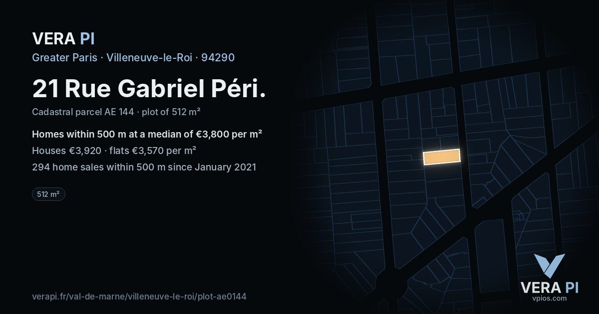 21 Rue Gabriel Péri, Villeneuve-le-Roi at night – the plot lit, the parcels around coloured by the prices near them